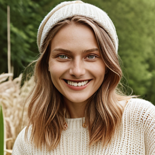 **

Prompt: A stylish German blogger, authentically smiling, showcasing a sustainable fashion brand's clothing in a bright, natural setting. Focus on the quality of the fabric and ethical production values. Subtle branding. "Made in Germany" tag visible.

**