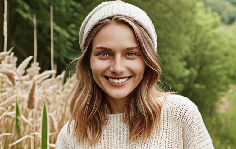 **

Prompt: A stylish German blogger, authentically smiling, showcasing a sustainable fashion brand's clothing in a bright, natural setting. Focus on the quality of the fabric and ethical production values. Subtle branding. "Made in Germany" tag visible.

**