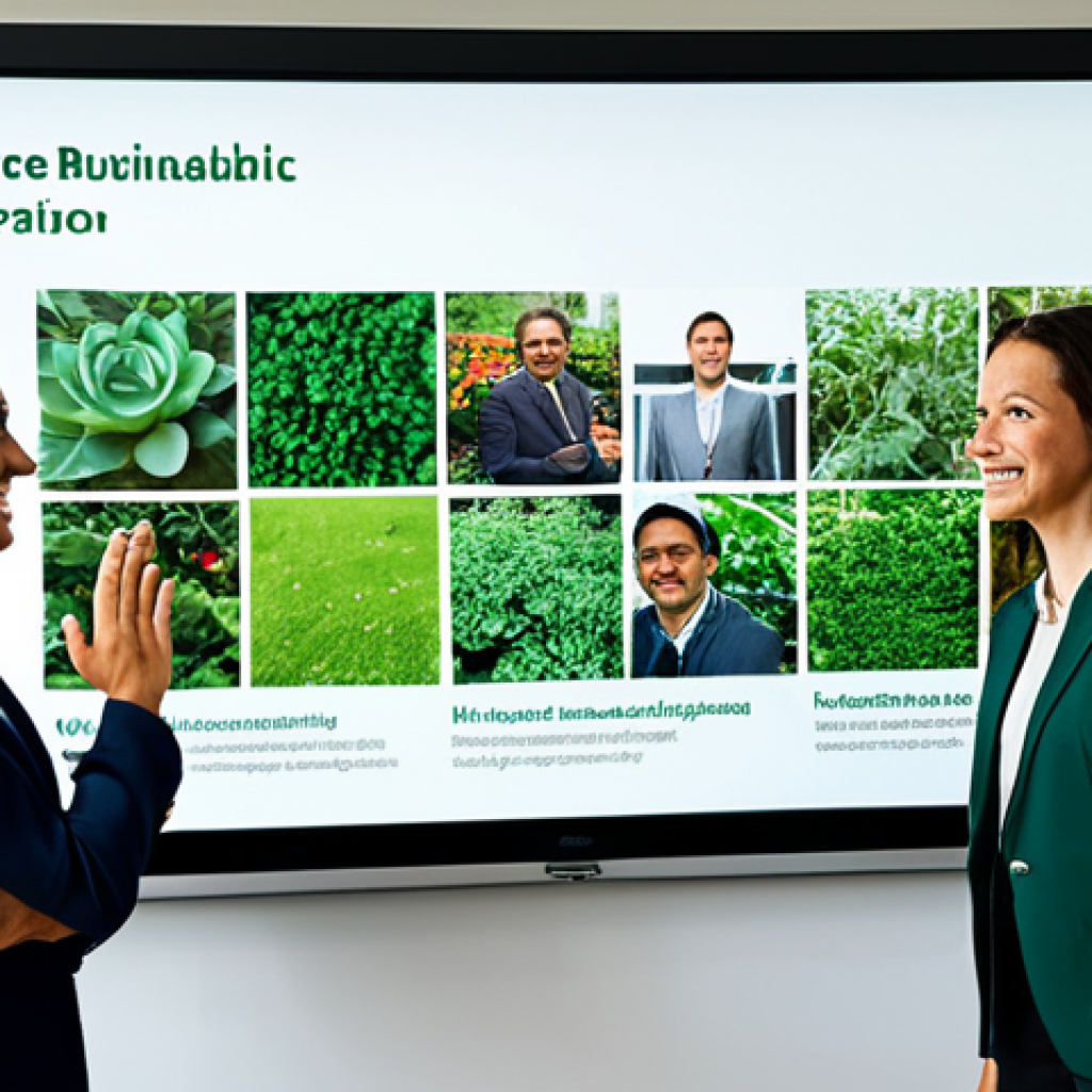 A diverse group of professional business individuals in modest business attire, gathered around a large interactive screen in a bright, modern office. The screen displays a compelling visual of a community sustainability project, like a lush urban garden or a clean-up initiative. Their expressions convey genuine engagement and shared purpose, fostering a sense of authentic collaboration. The setting includes natural light and subtle green elements. fully clothed, appropriate attire, safe for work, appropriate content, family-friendly, perfect anatomy, correct proportions, natural pose, well-formed hands, proper finger count, natural body proportions, professional photography, high quality.