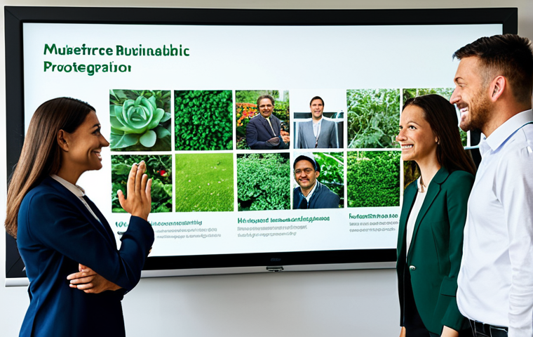 A diverse group of professional business individuals in modest business attire, gathered around a large interactive screen in a bright, modern office. The screen displays a compelling visual of a community sustainability project, like a lush urban garden or a clean-up initiative. Their expressions convey genuine engagement and shared purpose, fostering a sense of authentic collaboration. The setting includes natural light and subtle green elements. fully clothed, appropriate attire, safe for work, appropriate content, family-friendly, perfect anatomy, correct proportions, natural pose, well-formed hands, proper finger count, natural body proportions, professional photography, high quality.