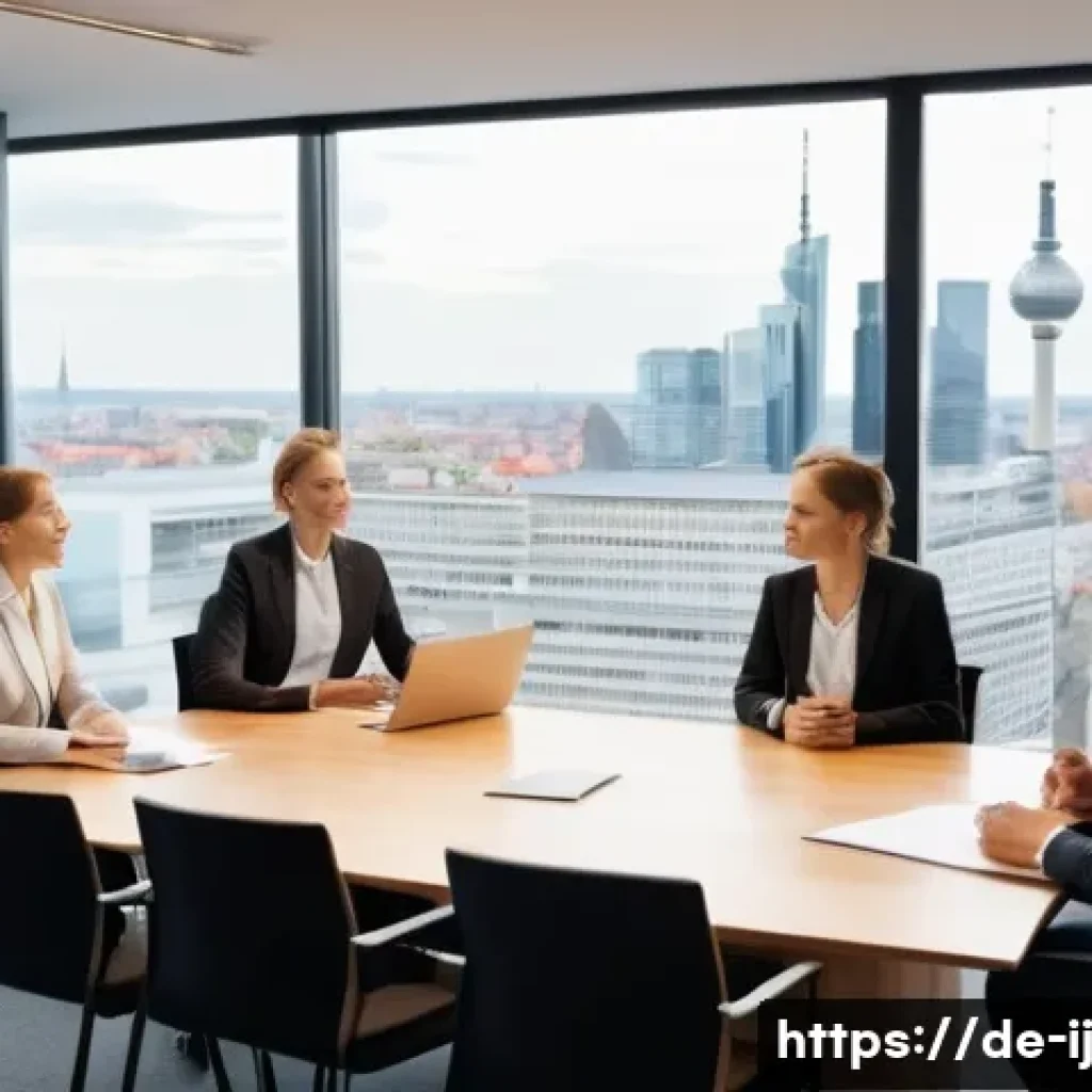 스폰서와의 만남을 위한 준비 과정 - A professional business meeting scene in a modern German office, featuring a confident young woman p...