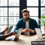 Home 21 스폰서십의 트렌드 및 최신 동향 - A modern office scene featuring a diverse group of professional micro-influencers collaborating on s...
