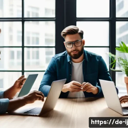 Home 33 스폰서십의 트렌드 및 최신 동향 - A modern office scene featuring a diverse group of professional micro-influencers collaborating on s...