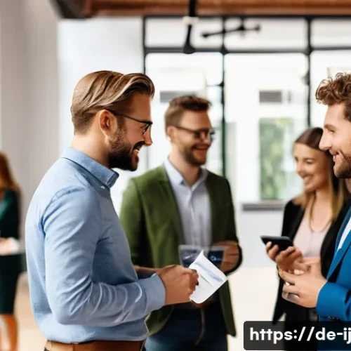 Home 32 스폰서십을 통해 얻을 수 있는 경력 이점 - A professional networking event in a modern co-working space in Berlin, showing diverse business peo...